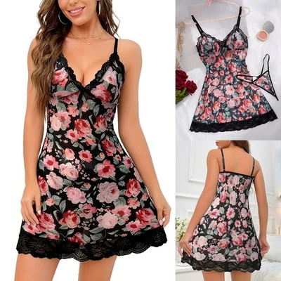 Sexy Women Lingerie Lace Floral Sheer Mini Dress Nightgown Babydoll Sleepwear US - Image 1 of 4