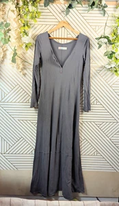 FREE PEOPLE donna MAXI ABITO HENLEY MANICA LUNGA grigio bottoni taglia GRANDE - Foto 1 di 6