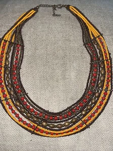 Tribal glass beads & seeds multi strand orange, red, brown Necklace / Bib - Picture 1 of 4