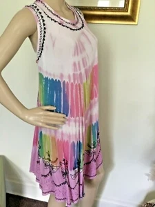 Vintage Purple Hippie Tie Dye Boho Embroidered Floral Sleeveless Free Size Dress - Picture 1 of 10