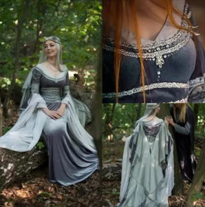Vintage Medieval Wedding Dress Romantic A-Line Fantasy Elven Gown Fairy Long - Picture 1 of 11