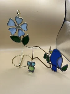 Vintage Handcrafted 3 Pc stained glass sun catchers Bird, Owl, Flower 1987 - Picture 1 of 21