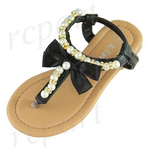 New girl's kids elastic sandals Black bow pearl beads casual open toe summer - Picture 1 of 10