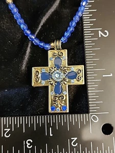 Blue Crystal Cross Pendant NECKLACE W/ Blue Beaded Gold Accent NEW religious - Picture 1 of 3