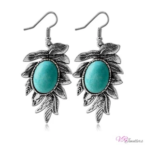 Turquoise Earrings Tree Leaf Drop Dangle Womens Ladies Surgical Steel Earrings - Picture 1 of 2