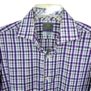 Camisa Para Hombres TD Thomas Dean Talla L Abotonada Púrpura Negra Blanca A Cuadros Manga Larga - Imagen 1 de 8