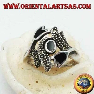 Anillo de Plata 925‰ Ónix Ovalados Entre 2 Tulipanes Y Tallos Con Marcasita - Imagen 1 de 2