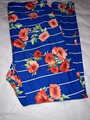 Lularoe TC2 Tall Curvy Leggings Plus 18/22 Blue White Stripe Red/pink Roses 🦄 - Image 1 of 4