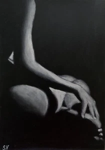Monochrome Girl Silhouette Original Oil Painting Minimalist Black Art 8x12” OOAK - Picture 1 of 7