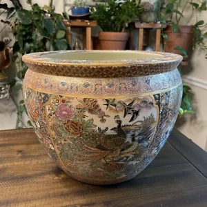 Vintage Large Porcelain Asian Fish Bowl Planter Pot Vase Koi -Peacocks - Picture 1 of 19