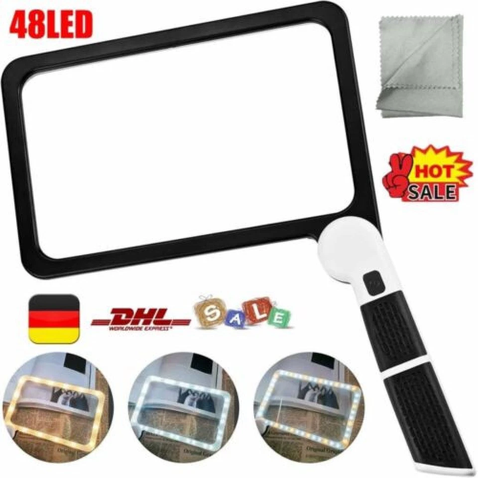 MARKENLOS Beleuchtete Leselupe, große 5-fache Lupe, Handlupe für ältere Menschen, 48 LED