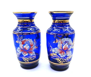Jarrones Hermanos Bohemio Vidrio Cobalto De Colección Pintados a Mano Flores Acentos Dorados 6.25" T - Imagen 1 de 9
