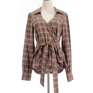 Marissa Webb NWT Mia Lightweight Flannel Wrap Top Size L in Brown/Gray Plaid - Picture 1 of 12