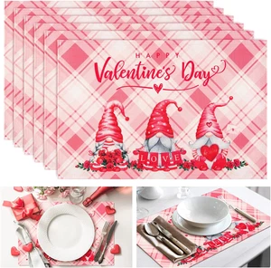 6 Pack Happy Valentine'S Day Placemats Pink Love Gnome Table Mat 12 X 18 Inch Ch - Picture 1 of 7