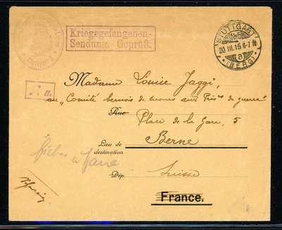 GERMANY & AREA POSTAL HISTORY LOT #3 1915 WWI Prisoner of War STUTTGART - BERN  - Image 1 of 2