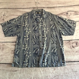 Tommy Bahama Silk Shirt Mens L Blue Floral Hawaiian Pineapples Loop Collar Camp - Picture 1 of 13