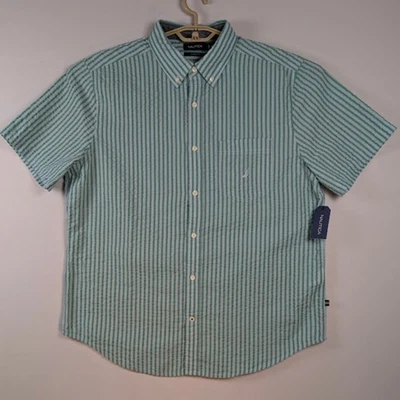 NWT NAUTICA Seersucker Shirt Men XL Green Striped Short Sleeve Preppy Classic - Image 1 of 4