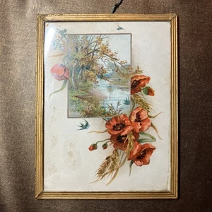 Vintage Bluebird & Blumen Metall-gerahmter Druck sehr alt 5” x 7” Mystery Rückseite - Bild 1 von 7