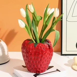 Red Strawberry Vase for Flowers, Decorative Ceramic Fruit Vase, Strawberry Sh... - Picture 1 of 8