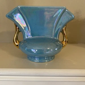 PIONEER POTTERY HANDLED VASE - Fan Shaped Iridescent Teal & 22-K Gold, Ceramic - Picture 1 of 2