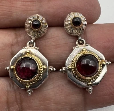 Vintage Konstantino Sterling Silver & 22K Gold Rope Garnet Cabochon Earrings - Image 1 of 4