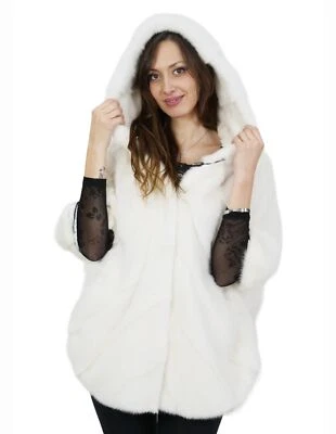 Piel Visón Talla 48 Blanco Capa Larga 76cm Mujer Capucha Foto 1 de 4