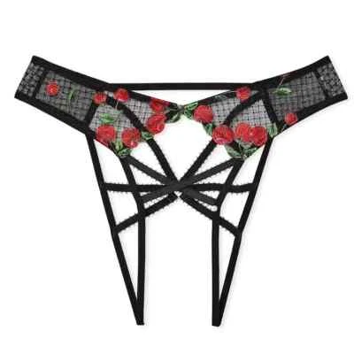VICTORIA'S SECRET VERY SEXY CHERRY EMBROIDERY OPEN BACK PANTY BLACK S NWT - Image 1 of 3