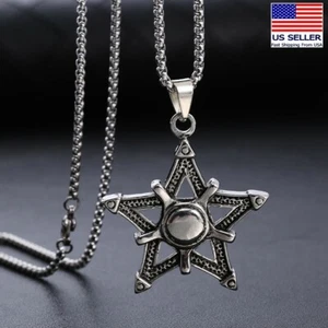 Men Stainless Steel Retro Simple Hollow Pentagram Star Pendant Necklace 0318 - Picture 1 of 5