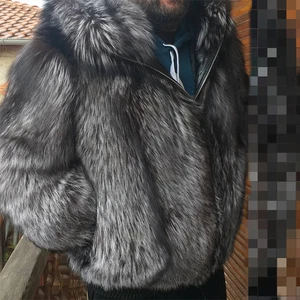 Chaqueta de bombardero con capucha de piel de zorro plateado de piel completa real para hombre Abrigo de piel natural con cremallera - Imagen 1 de 13