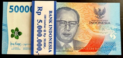 Indonesia 50000 RUPIAH P-167 2022-2025 x 100 Pcs Lot BUNDLE Pack IDR UNC NOTE - Image 1 of 4