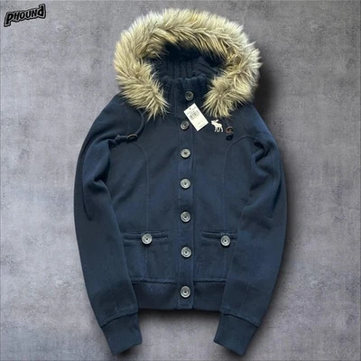 Abercrombie & Fitch Jacket Womens XS Navy Faux Fur Hood Button Front Bomber - Image 1 of 4