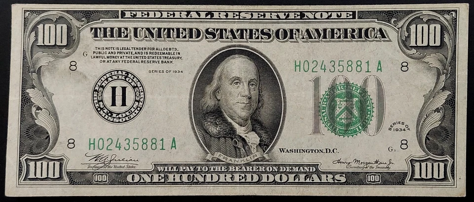 1934 $100 Federal Reserve Note, St Louis! Nice shape! No pinholes! Fr# 2152 H. - Image 1 of 4