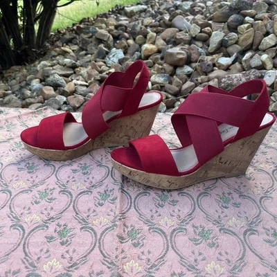 American Eagle Heels Womens Sz 6.5 Cork Wedge Platform Sandals Red Suede Elastic - Image 1 of 4