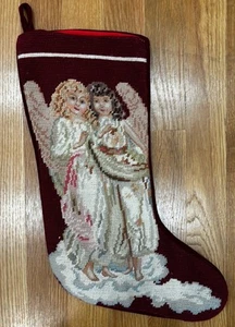 Vintage Christmas Stocking Imperial Elegance Two Angels 1991 Wool Needlepoint - Picture 1 of 3