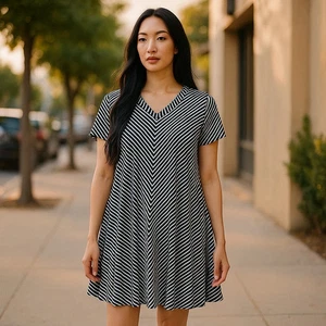 Thyme & Honey Dress Large A-Line Chevron Black & White Stripes V-Neck Slimming - Picture 1 of 6