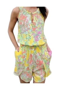 LILLY PULITZER Challis Happy Place Romper SZ Small Tropical Floral Summer Beach - Picture 1 of 5