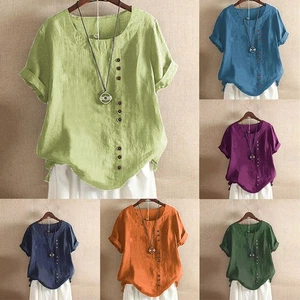 Womens Short Sleeve Pullover Loose Blouse Plus Size cotton and linen T Shirts - Picture 1 of 28