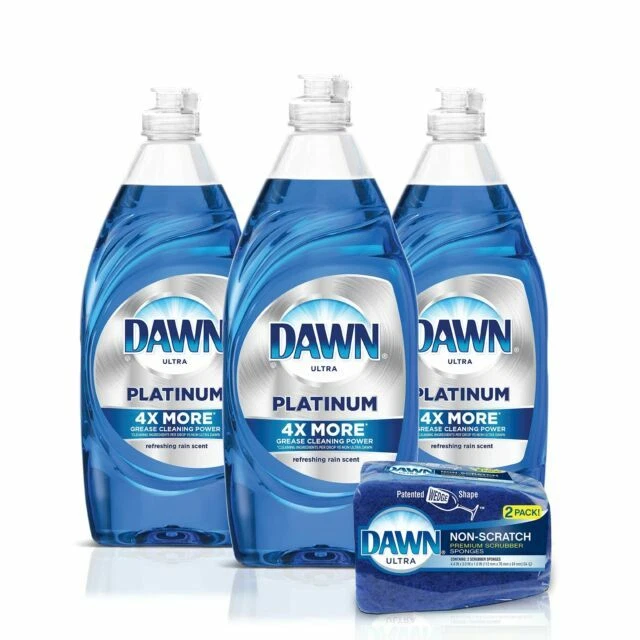 Dawn Platinum Dishwashing Liquid Soap24oz Pack of 3 with Non-Scratch Sponge - 2 Pieces