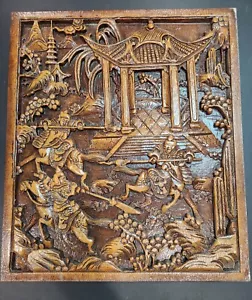 Antike chinesische hohe geschnitzte Holzplatte goldene Schriftzeichen - Bild 1 von 7