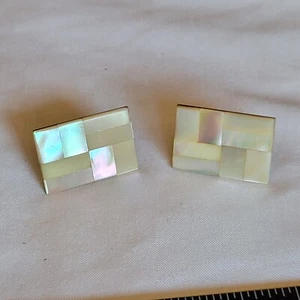 Vtg Abalone Geometric Shell Cufflinks Set Gold Tone - Picture 1 of 6