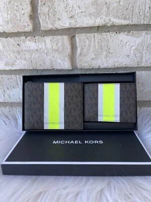 Michael Kors Billfold Wallet Box Set Brown Neon Green Logo 36H1LGFF1B NIB FS - Image 1 of 3