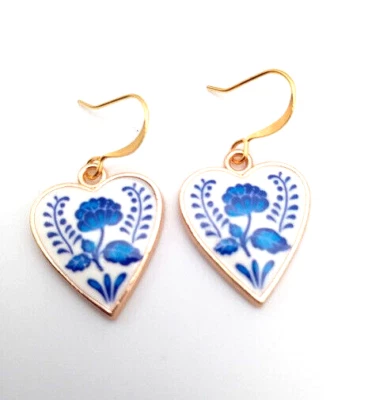 Pendientes Corazón China Porcelana Patrón Floral Azul y Blanco Foto 1 de 3