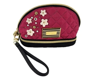 BETSEY JOHNSON Cosmetic Travel Bag Purse Black & Pink Flowers Gold - Picture 1 of 8