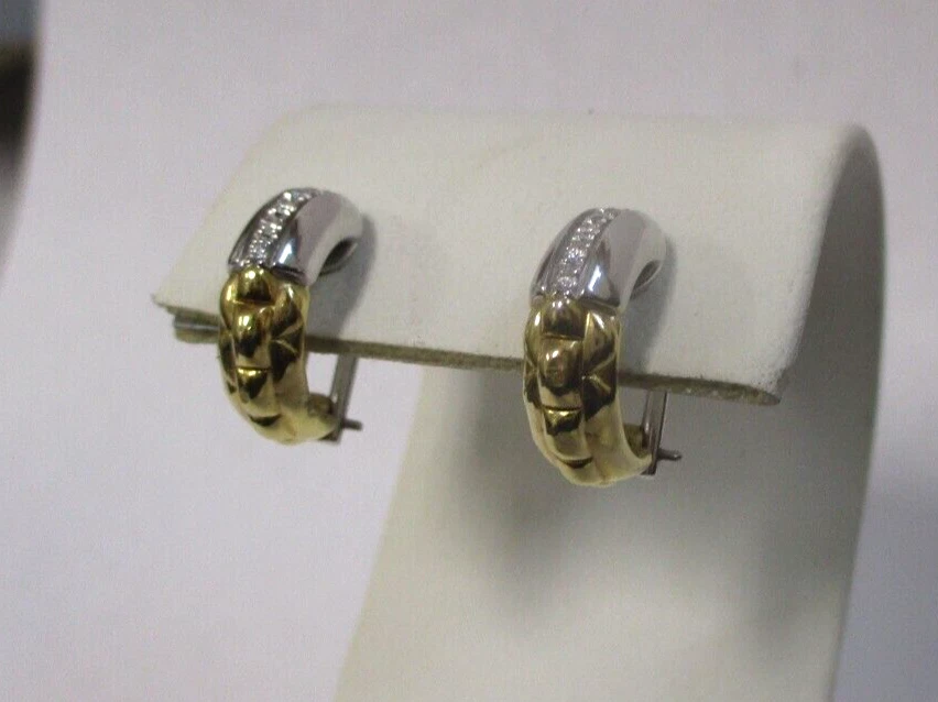 FOPE ITALY 18K YELLOW & WHITE GOLD .10ctw DIAMOND HALF HOOP EARRINGS OMEGA BACKS - Image 1 of 4
