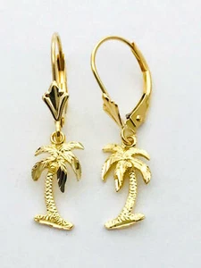 14K Solid Yellow Gold Hawaiian Palm Tree Earring Length: 1 1/8”(29 mm) E1130-50 - Picture 1 of 3