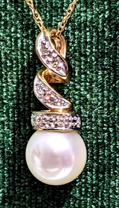 14K Yellow Gold 18" Necklace With Alwand Vahan 7mm Pearl & Diamond Pendant ~LOOK - Picture 1 of 9