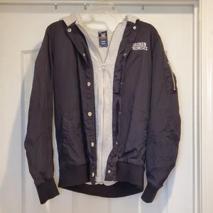 Broken Promises Black Hooded Jacket Mens Size XS Pockets Snaps Zipper VGUC - Picture 1 of 6