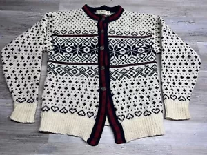 Vintage LL Bean Wool Cardigan Nordic Fair Isle Made in USA Cream Navy Red Size M - Bild 1 von 8