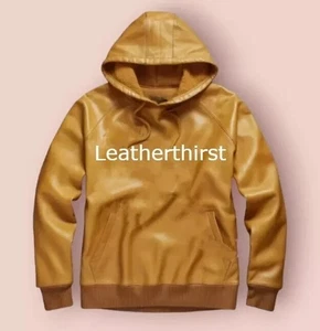 New Men's Yellow Hooded Leather Jacket| Genuine Sheepskin Leather Bomber Hoody M - Picture 1 of 3