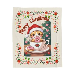 Merry Christmas Kawaii Cat Velveteen Plush Blanket Throw Tea Cup & Donuts 50x60  - Picture 1 of 8